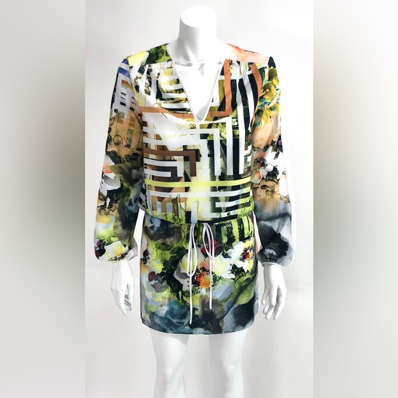 Clover Canyon Floral Maze Drawstring Mini Dress Multi Geometric Print - Picture 2 of 11